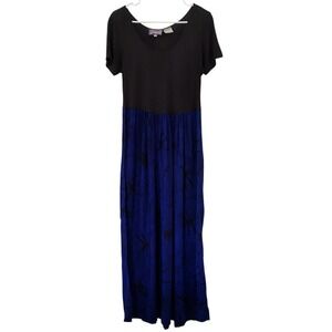 April Cornell Vintage Maxi Dress Size L Black Blue Dragonfly Floral Prairie Boho